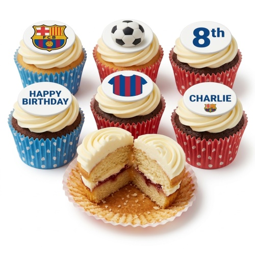 FC Barcelona football themed birthday cupcakes with custom age and name toppers.