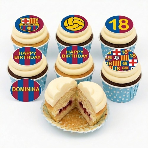 Set of FC Barcelona themed birthday cupcakes with club crest, football, and custom age toppers.