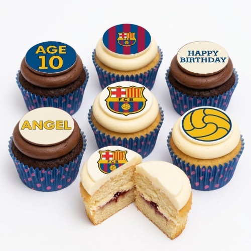 FC Barcelona football themed birthday cupcakes with custom age and name toppers.