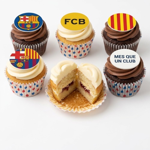 Assorted FC Barcelona themed cupcakes with club logo, FCB text, and Catalan flag toppers.