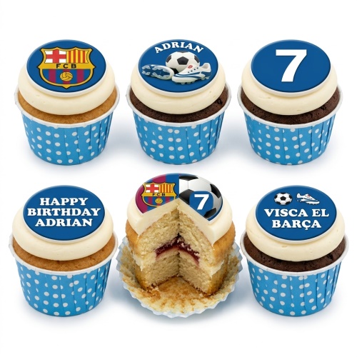 Selection of FC Barcelona themed cupcakes with club crests, footballs, and football boots, some with custom age and name examples.