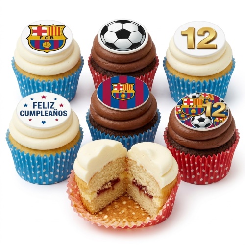 Assortment of FC Barcelona and football themed cupcakes with custom age topper.