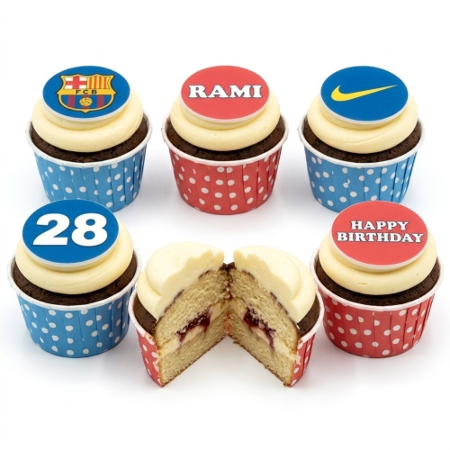 Assorted football theme birthday cupcakes with sports logos, custom name, and age topper.