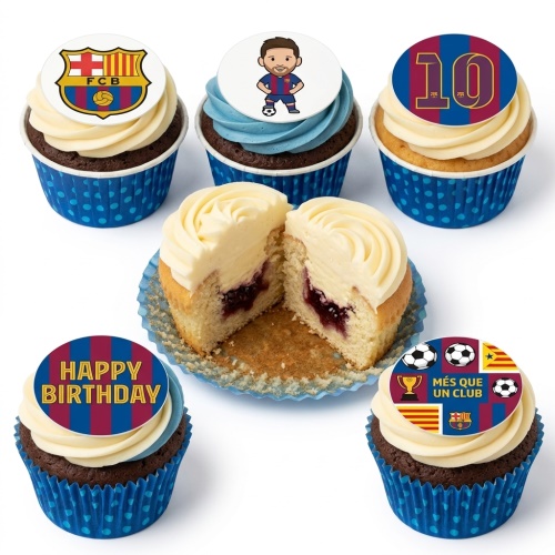 FC Barcelona themed cupcakes with club crest, football player, "Happy Birthday" message, and custom age topper