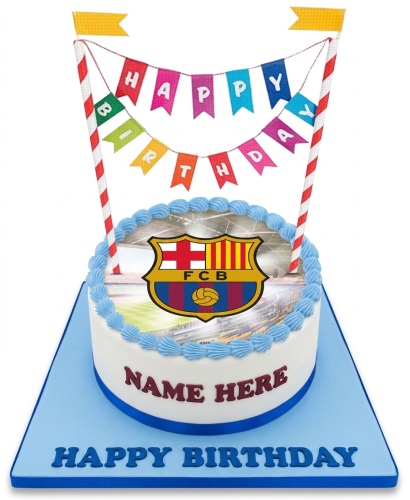 Round white cake with FC Barcelona logo, blue piping, and 'Happy Birthday' bunting topper.
