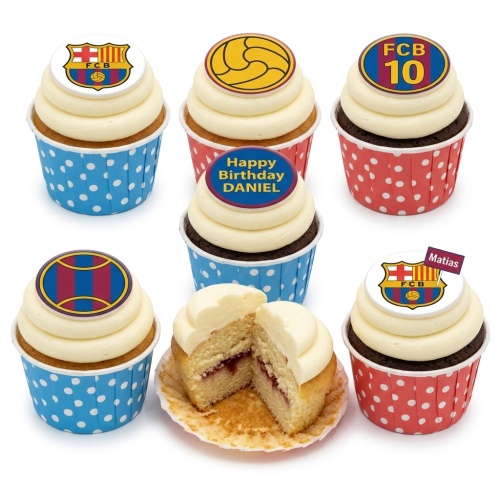 FC Barcelona themed cupcakes with FCB crests and football toppers, in red and blue cases.