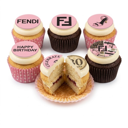Fendi themed birthday cupcakes with pink and black edible toppers, high heel shoe, and 'Happy Birthday' message.