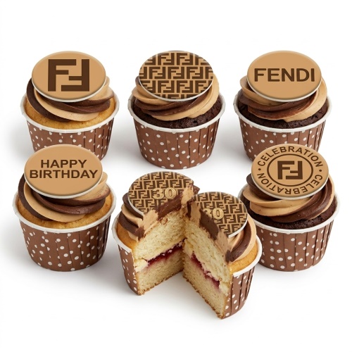 Fendi themed birthday cupcakes with brown and beige frosting and logo toppers.