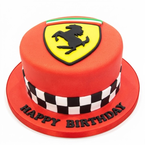 Round red fondant cake with a yellow Ferrari prancing horse logo and a black and white checkered band.