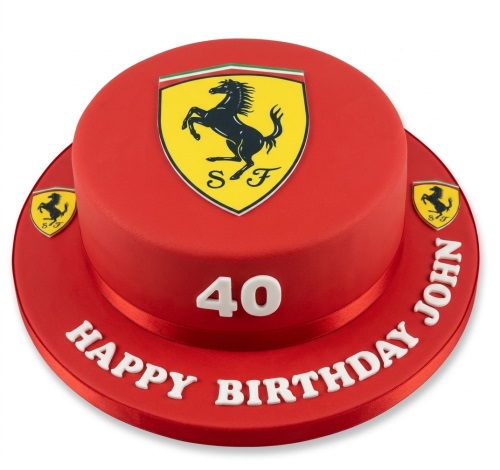 Round red Ferrari birthday cake with large logo, smaller side logos, custom age topper, and personalised message.
