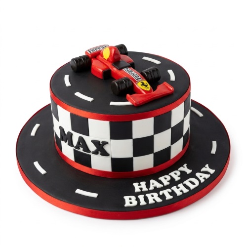 Round two-tier racing car birthday cake with red F1 car topper and checkered flag design.
