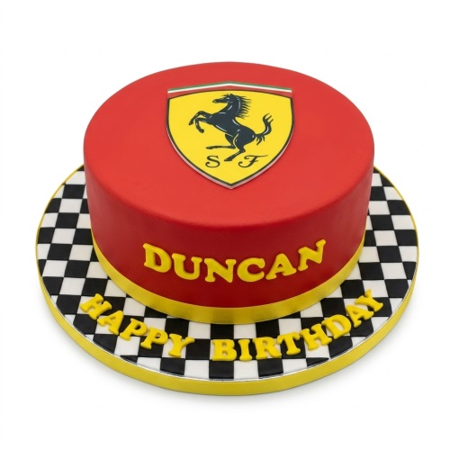 Red Ferrari themed birthday cake with a checkered board and custom message.