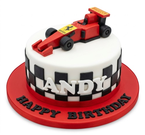 Round white and red Formula 1 racing car birthday cake with a checkered flag pattern and custom name.