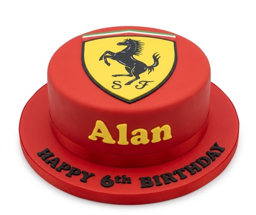Red round birthday cake with a yellow and black Ferrari logo, personalised name, and custom age message.
