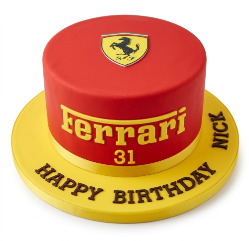 Red and yellow round Ferrari themed birthday cake with custom age and name.