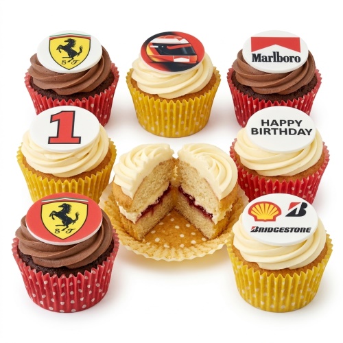 Assortment of Formula 1 themed cupcakes with racing logos and custom age topper