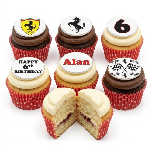 Ferrari themed birthday cupcakes with racing flags, custom age topper, and personalised name.