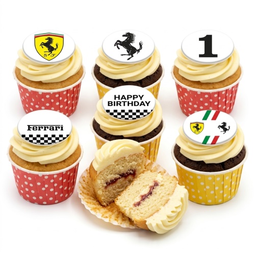 Six Ferrari themed cupcakes with racing logos, 'Happy Birthday' and '1' toppers, in red and yellow polka dot cases.