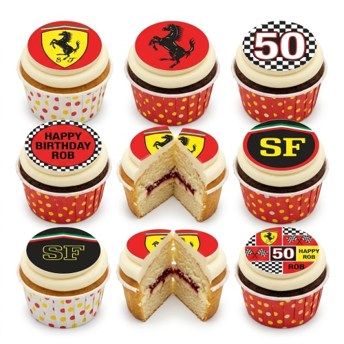 Ferrari themed cupcakes with racing flags, prancing horse logo, SF emblem, and custom age topper.