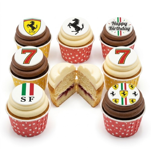 Ferrari themed birthday cupcakes with car logos, Italian flag colours, and a custom age '7' topper on chocolate and vanilla frosted cupcakes.