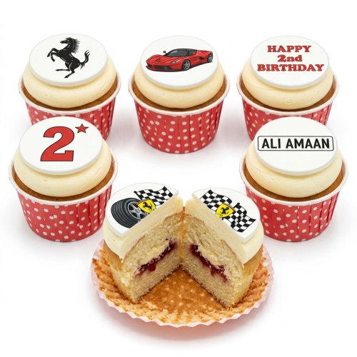 Six vanilla cupcakes with white frosting, red polka dot cases, and Ferrari racing car themed edible toppers, including a custom age.