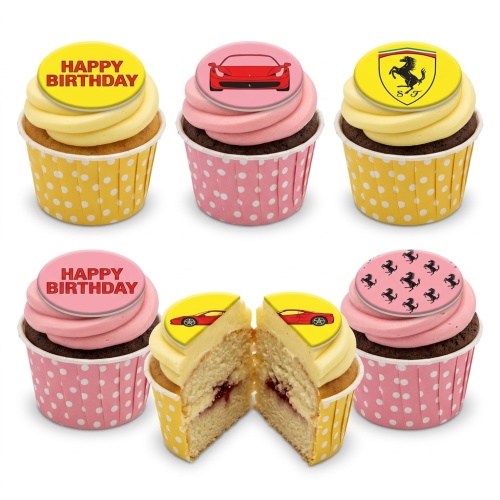 A selection of Ferrari themed birthday cupcakes with car and logo toppers.