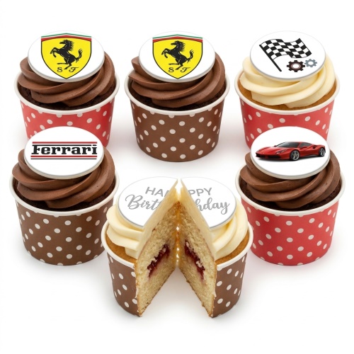 Six cupcakes with Ferrari logos, a chequered flag, and a red sports car. One cupcake is cut in half.