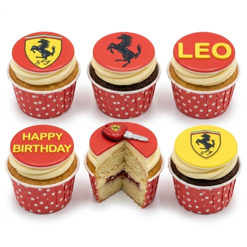 Ferrari themed cupcakes with red and yellow toppers, featuring the Ferrari logo and a car key.