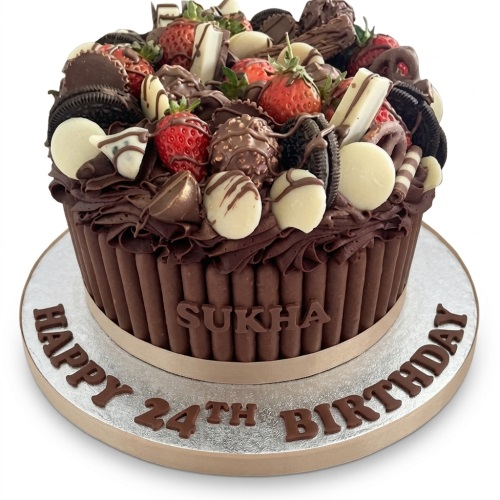 Round chocolate cake with strawberries, chocolate truffles, and cookies, with custom name and age.