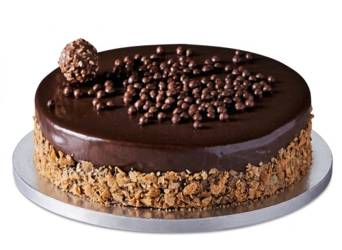 Round chocolate cake with glossy glaze, chocolate crisp pearls, and crunchy side coating.