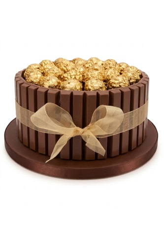 Round chocolate cake decorated with vertical chocolate bars, golden-wrapped truffles, and a gold ribbon.