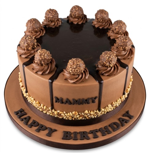 Round chocolate drip birthday cake with hazelnut crunch and personalised message.