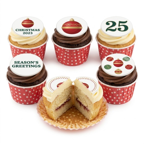Christmas cupcakes with red bauble toppers, "Christmas 2023", "Season's Greetings", and "25" designs.