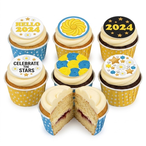 Round black and white cupcakes with yellow and blue swirls, white flowers, orange stars, and "HELLO 2024" message.