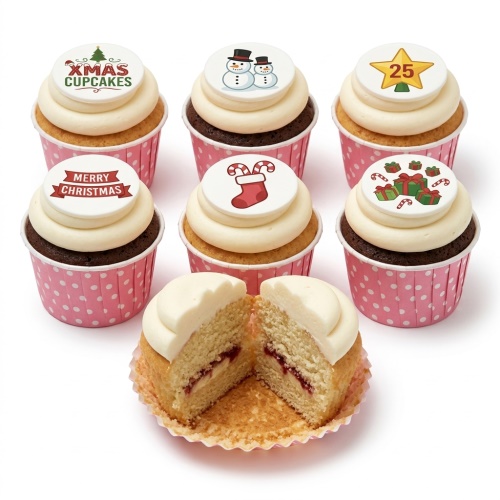 Assorted Christmas cupcakes with festive edible toppers including snowmen, presents, and "Merry Christmas" messages.