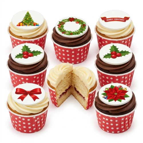 A selection of Christmas cupcakes with festive toppers including a Christmas tree, wreath, holly, a red bow, and a 'Merry Christmas' message.
