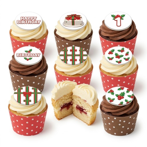 Cupcakes with white and chocolate frosting, topped with festive holly, gift boxes, plaid, and 'Happy Birthday' edible toppers.