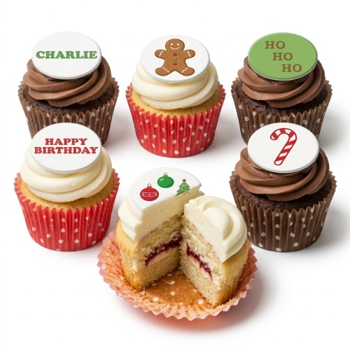 A collection of Christmas-themed cupcakes with edible toppers including a gingerbread man, candy cane, baubles, and a Christmas tree, alongside examples of personalised text.