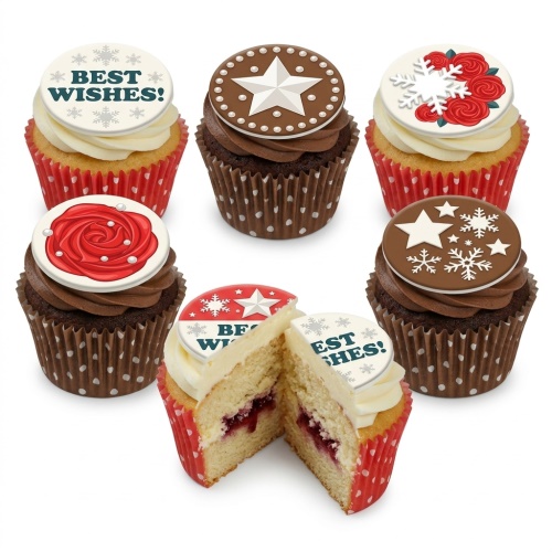 A selection of festive Christmas cupcakes with white and chocolate frosting, decorated with snowflakes, stars, and red roses. Some toppers say 'Best Wishes!'.