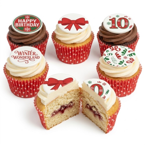 Festive cupcakes with red and green toppers, bows, snowflakes, and polka dot cases.