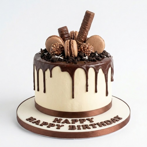 Round chocolate drip birthday cake with macarons, Ferrero Rocher-style chocolates, and chocolate bars on top.