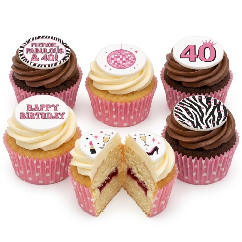 Six glamour-themed birthday cupcakes with pink and black decorations, disco ball, high heel, lipstick, zebra print, and custom age topper.