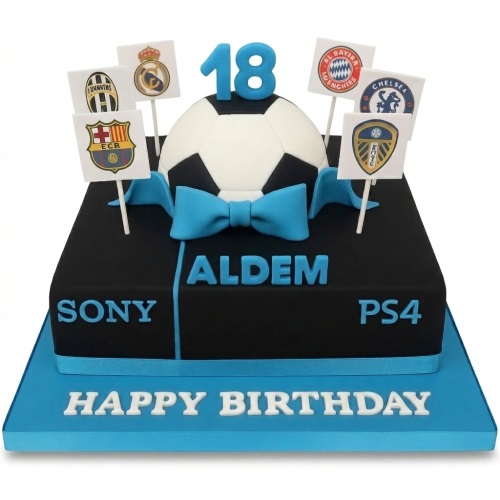 Black and blue football and gaming themed birthday cake with custom age topper, club flags, and personalised name.