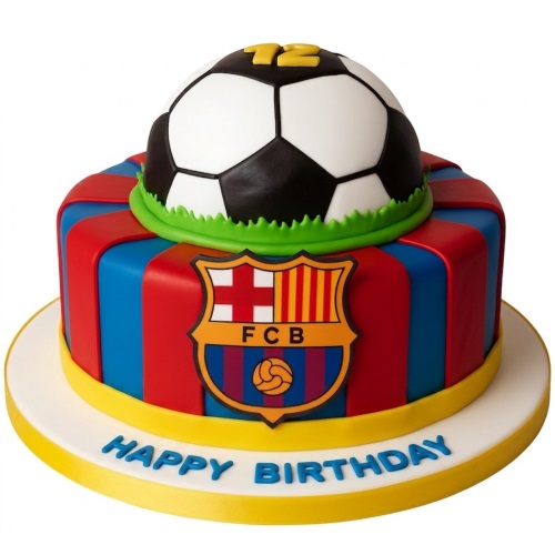 Two-tier FC Barcelona football birthday cake with 3D football and custom age topper.