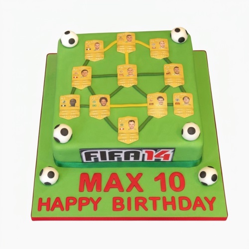 Two-tier green football birthday cake with player formation cards, FIFA 14 logo, and fondant footballs.