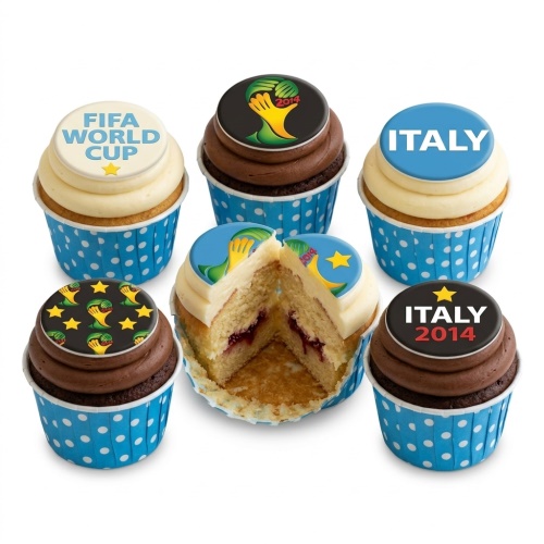 Assortment of football-themed cupcakes with FIFA World Cup and Italy edible toppers.