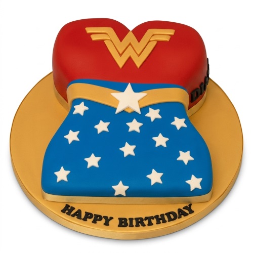 Wonder Woman themed birthday cake in red, blue, and gold with stars and 'Happy Birthday' message.