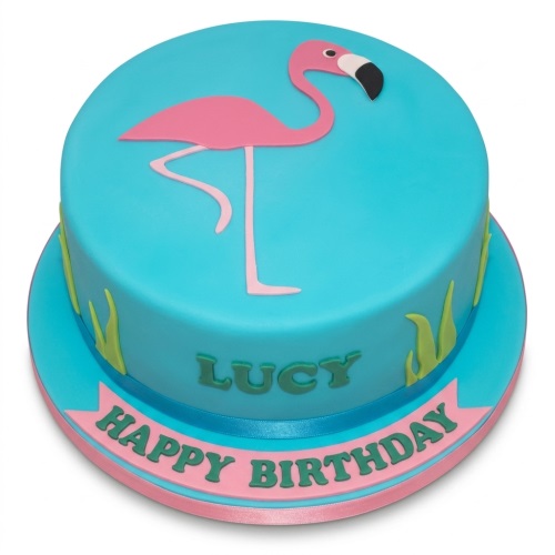 Round teal birthday cake with a pink flamingo, green grass, and a personalised 'Happy Birthday' message.