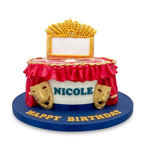 Two-tiered theatre theme birthday cake with red curtains, gold masks, and a stage marquee topper.