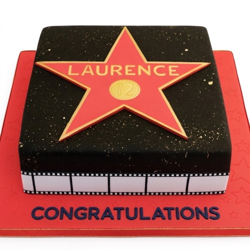 Square black Hollywood star birthday cake with red star, gold name, custom age, and film strip.